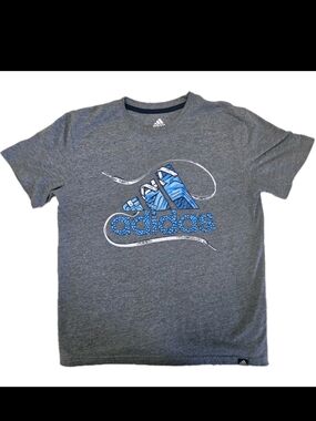 Adidas Boys Gray Graphic T-Shirt Shoelace Mountain Logo Size M (10/12)